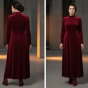 90s Women's 20T Deep Red Velvet Maxi Dress Mock Neck Whimsy Goth Dark Romantic